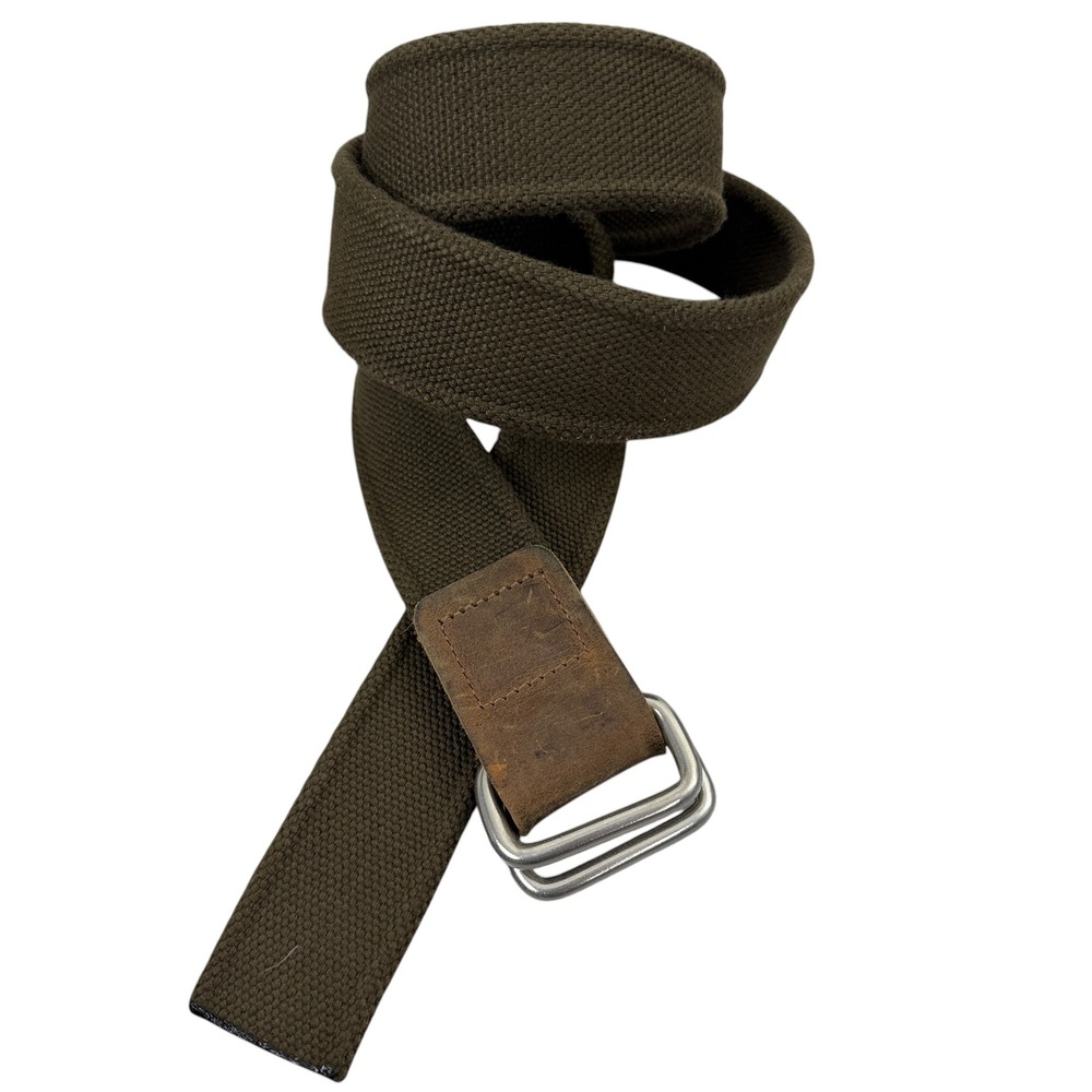 Bison Designs Belt Mens Medium Olive Green Canvas Leather Trim Double D-Ring